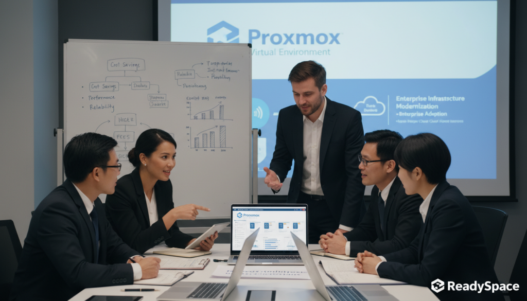 A business conference setting showcasing a successful case study of Proxmox applications in enterprises. In the foreground, a diverse group of professionals in business attire, engaged in discussion and pointing at a laptop displaying Proxmox interface, illustrating virtualized server solutions. The middle ground features a sleek, modern conference table with tech gadgets, documents about cloud solutions, and a whiteboard filled with graphs and strategies. The background shows a large screen displaying the Proxmox logo and infographics, with soft, focused lighting highlighting the interaction. The overall atmosphere is confident and collaborative, conveying the essence of innovation and productivity in the context of ReadySpace's cloud services. 香港 Proxmox 雲端服務,Proxmox 服務提供商,香港 雲端虛擬化解決方案,Proxmox 雲端技術,香港 主機虛擬化服務,Proxmox 雲端架構,香港 專業 Proxmox 提供商,雲端伺服器解決方案,Proxmox 雲端儲存服務.