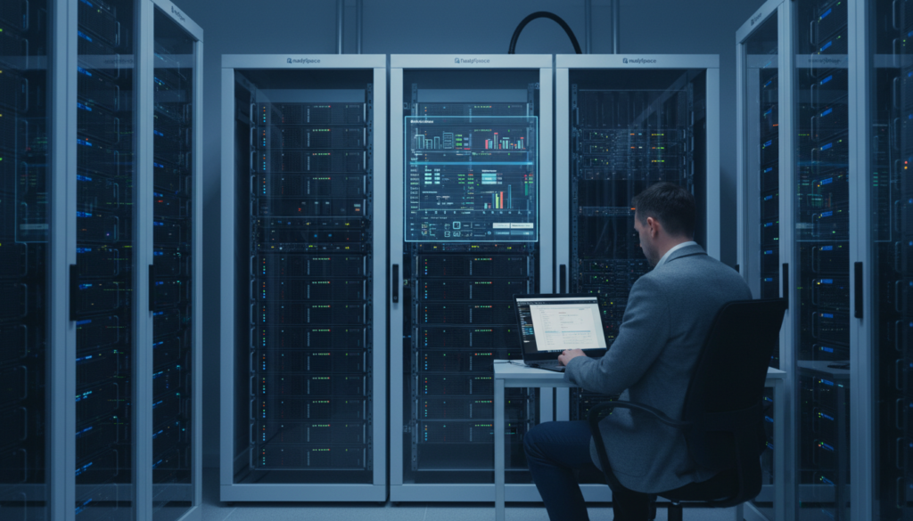 A high availability Proxmox cluster setup in a modern data center environment, showcasing multiple server racks filled with sleek black and silver Proxmox servers. In the foreground, an IT professional in smart business attire focuses on a laptop displaying the Proxmox interface with clustering options. The middle ground features glowing LED lights from the servers, indicating active connections, while a large server display shows real-time statistics and performance metrics. The background includes rows of servers and network equipment, with a soft blue ambient lighting creating a high-tech atmosphere. The image conveys a sense of innovation and reliability, emphasizing the power of the Proxmox open-source server solution. Logo of "ReadySpace" subtly integrated into the server design, no text overlays or distractions. Proxmox,強大的開源伺服器解決方案,Proxmox VE,虛擬化平台,Proxmox 安全性,Proxmox 管理,Proxmox 支援,Proxmox 開發,Proxmox 教學