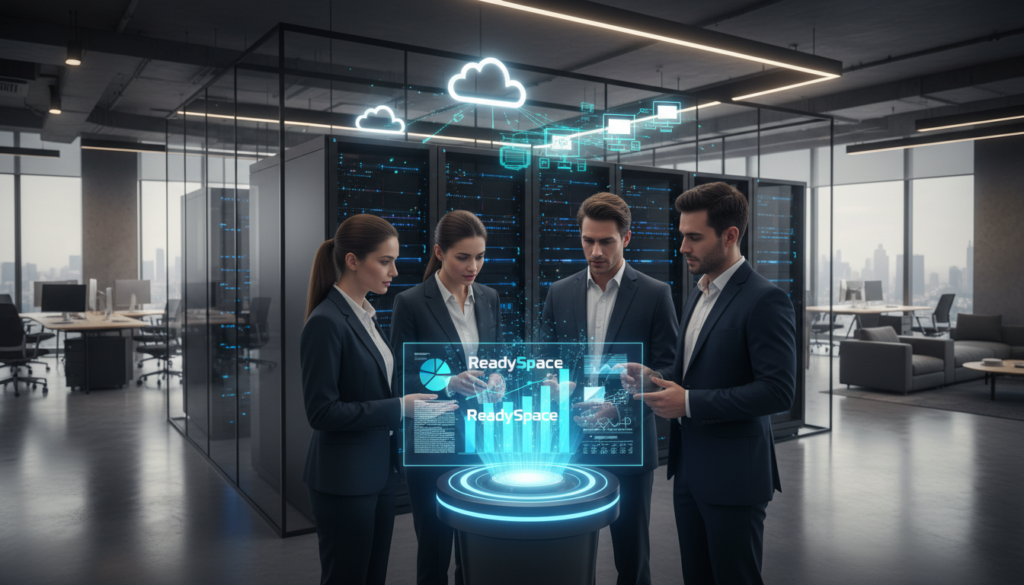 A modern, sleek office environment showcasing a comprehensive IT infrastructure management optimization solution for small and medium enterprises. In the foreground, a diverse group of professionals dressed in business attire, engaged in discussion around a holographic display projecting graphs and data analytics. In the middle, advanced server racks and cloud computing icons representing virtualization and technological efficiency. The background features a contemporary office design with large windows allowing natural light, conveying an open and collaborative atmosphere. Soft, ambient lighting highlights the scene, creating a vibrant yet professional mood. Incorporate the brand name "ReadySpace" subtly within the holographic display, without any text overlays or additional graphics. 中小企 虛擬化 解決方案,中小企業 數位轉型,虛擬化 技術,企業 虛擬化解決方案,中小企業 資訊科技,虛擬化服務,虛擬桌面解決方案,網路虛擬化,企業 資訊安全